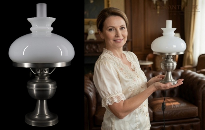 Stylowa lampa stołowa retro cynowa stare srebro Niemcy